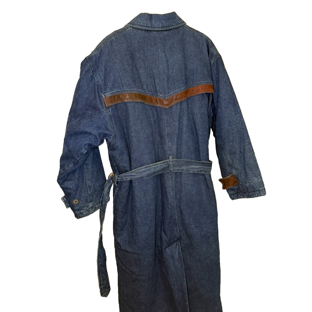 Vintage 70s 80s Quilted Lined Denim Long  Coat Leather Trim Sample Tag Rare - Picture 2 of 15